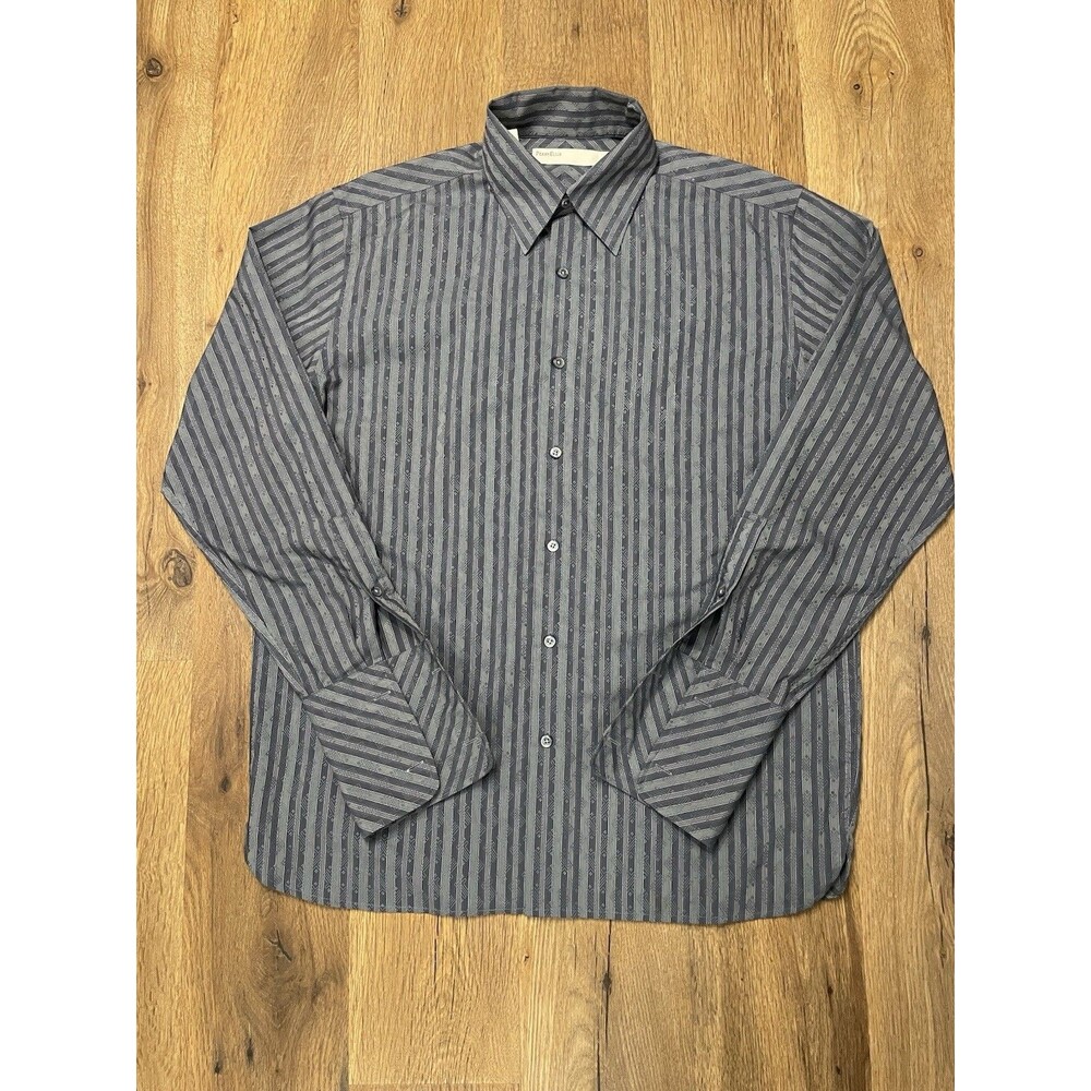Perry Ellis Shirt Mens Size Medium Gray Black Striped Long Sleeve Button Up
